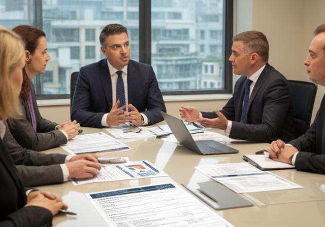 Management team in a South Dublin boardroom discussing MBO financing options with advisory consultants